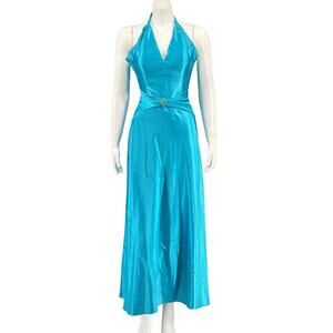 Vintage Jessica McClintock Gunne Sax Dress 5 6 Blue Halter Satin Maxi Y2K Formal